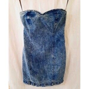 Vintage Guess Womens L Strapless Denim Acid Wash Back Zip Boobtube Mini Dress